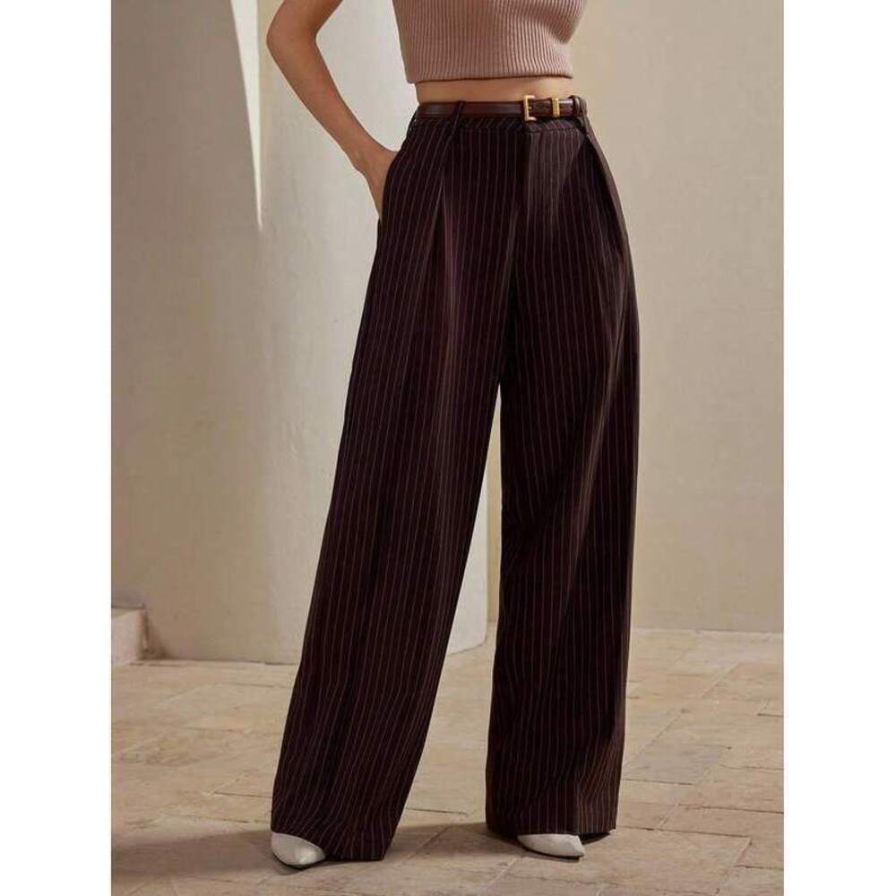 Anewsta Women's Modern Minimalist Commuter Maillard Brown Striped Straight Leg W - Picture 6 of 7